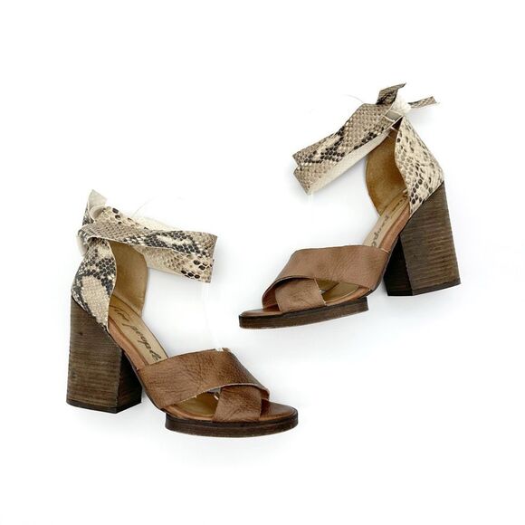 FREE PEOPLE Sancerre Platform Heels Size 38 Sandal Ankle Wrap Python Snakeskin - Picture 3 of 14